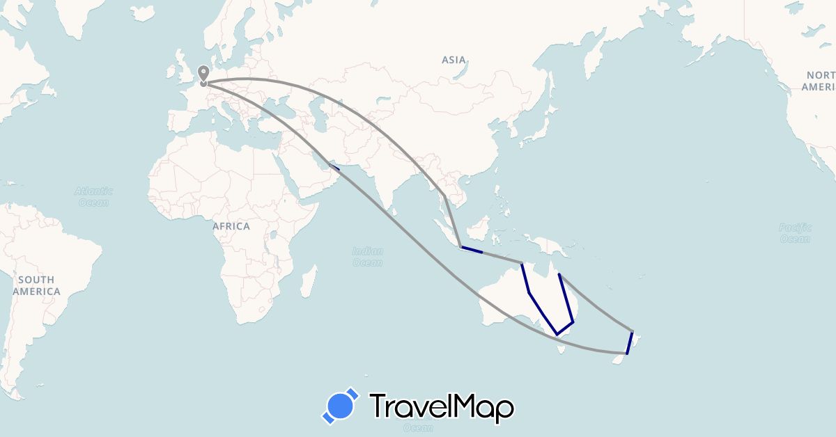TravelMap itinerary: driving, plane in United Arab Emirates, Australia, Belgium, Indonesia, New Zealand, Oman, Thailand (Asia, Europe, Oceania)